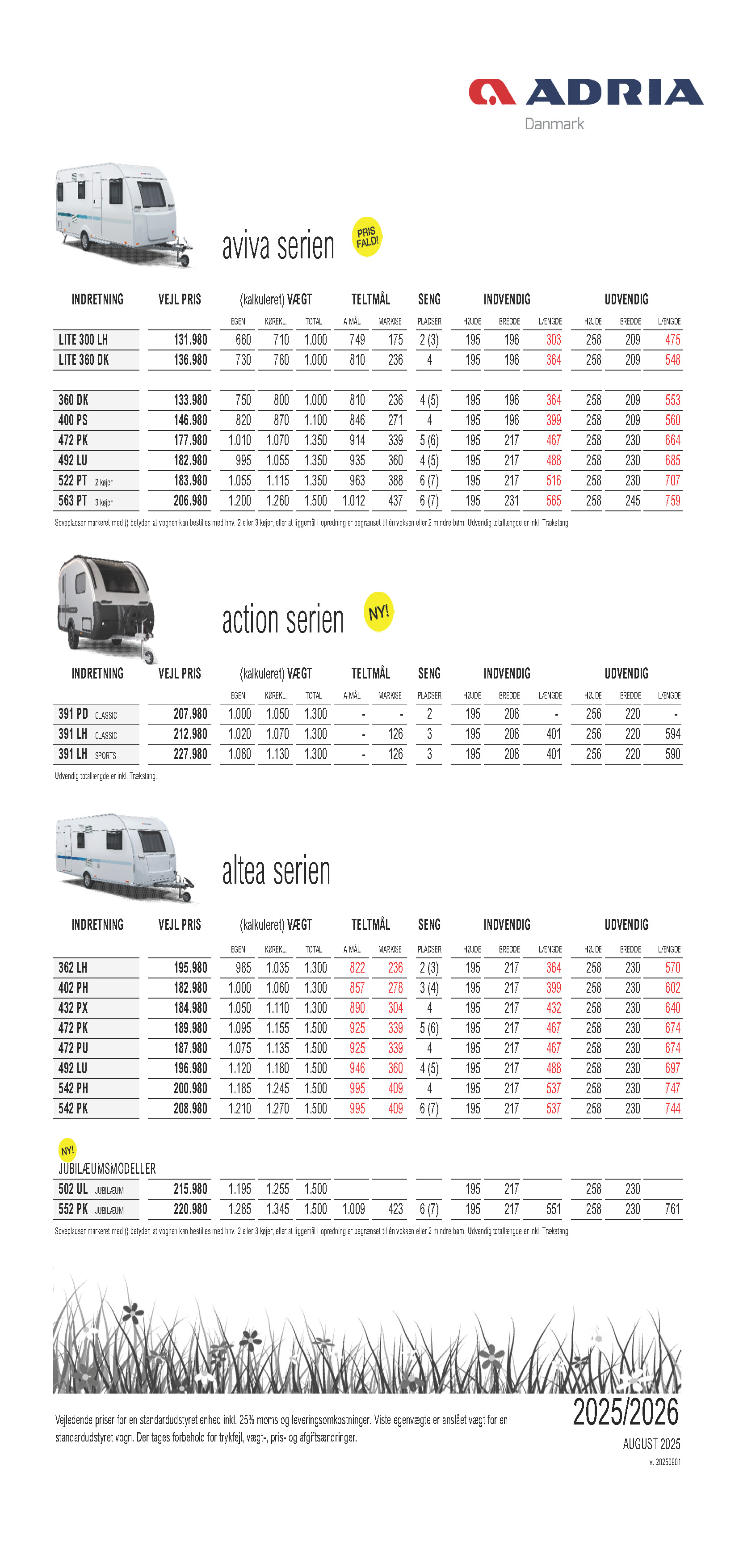 Adria prisliste 2025-2026